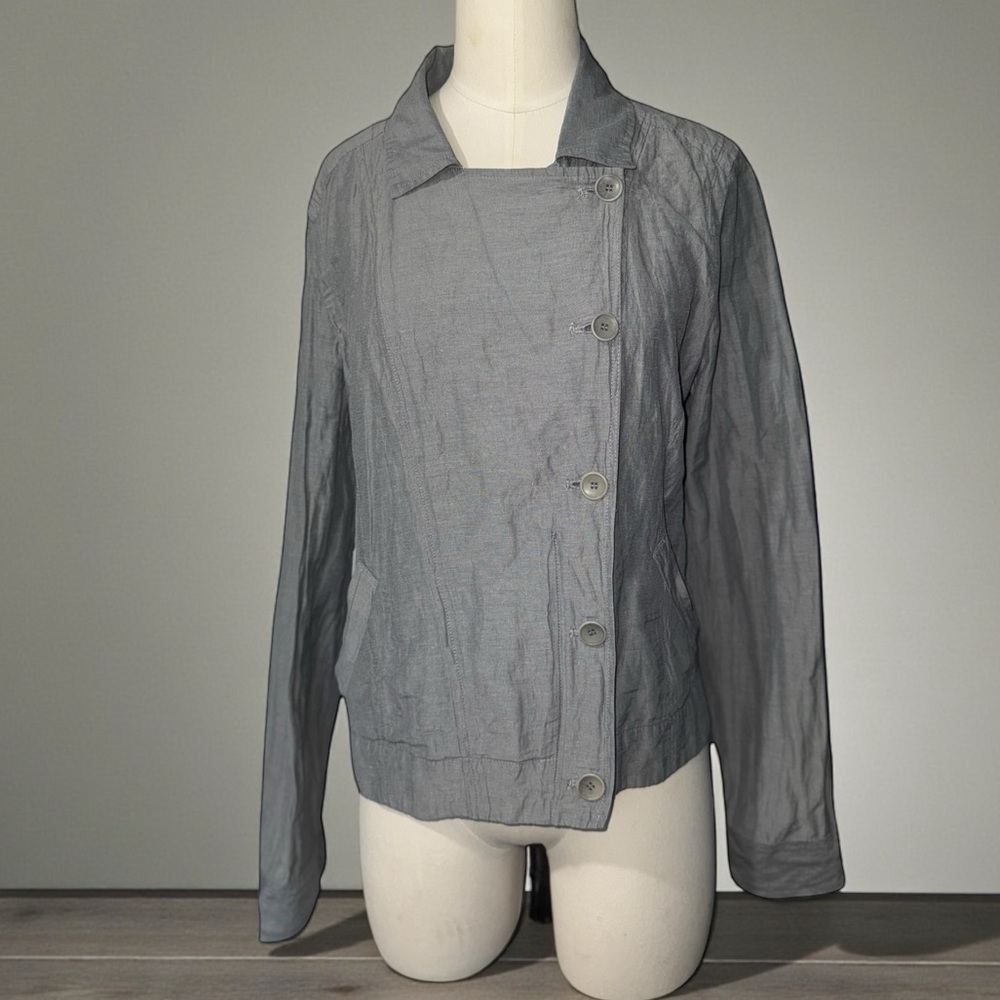 EILEEN FISHER‎ | Petite M  Gray Silver Crinkle Metallic Asymmetric Moto Jacket